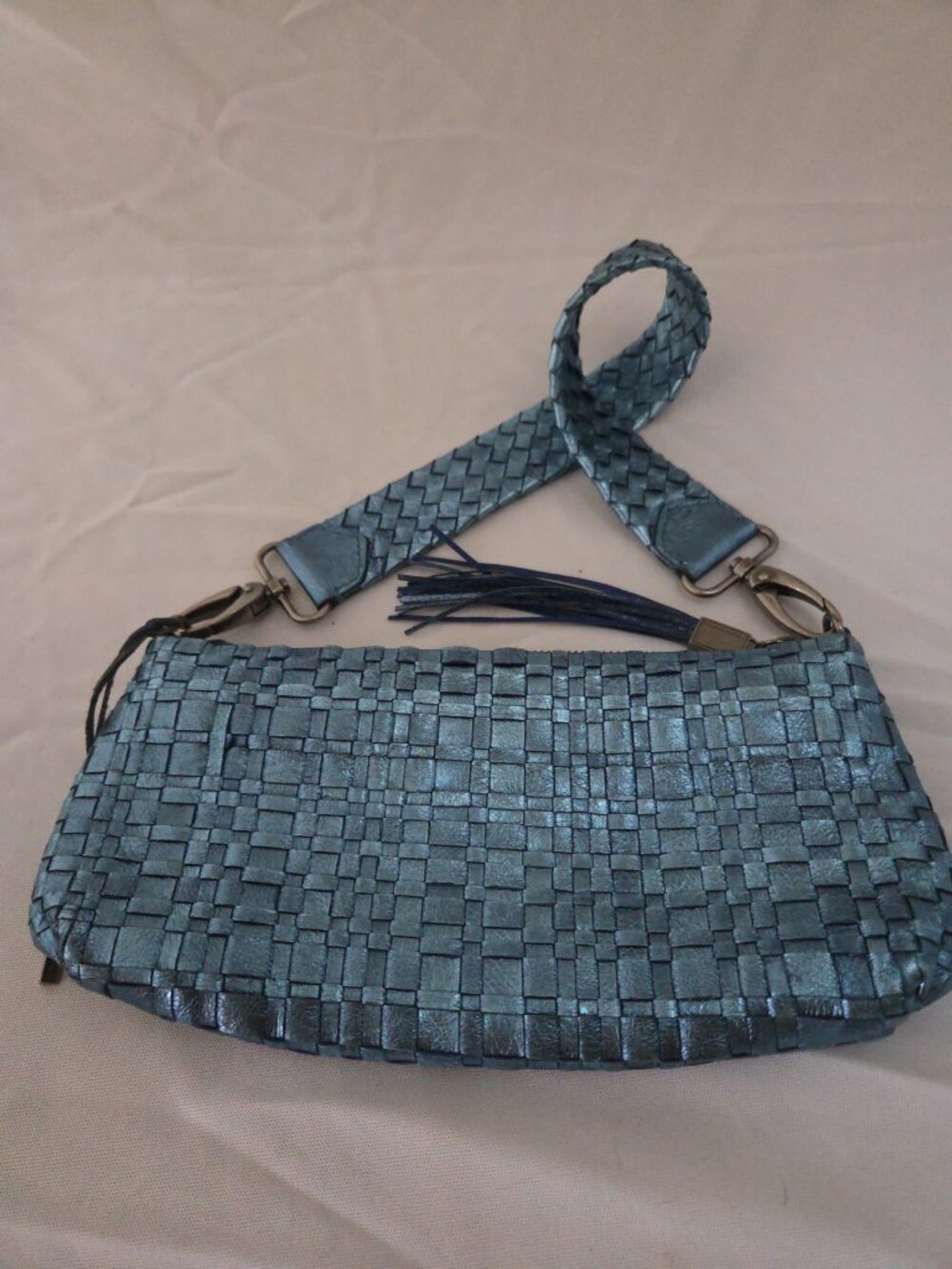 Elliott Lucca Metallic Blue Woven Leather Convertible Shoulder Bag/Clutch